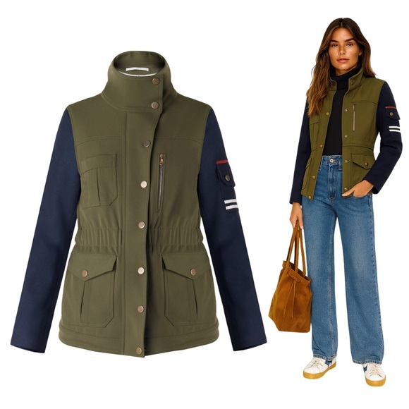 $660 VERONICA BEARD Skyline Army Jacket Sz 0 Green Body Navy Sleeves - Picture 1 of 13